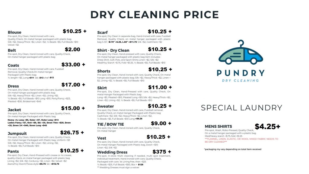 Pundry Dry Cleaning and Laundry Price List